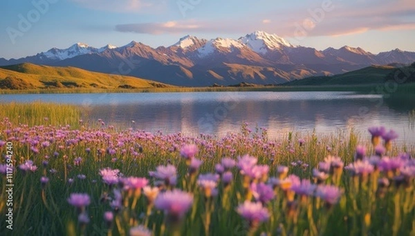 Fototapeta Serene Dawn Over Snow-Capped Mountains and Tranquil Lake Surrounded by Vibrant Wildflowers in a Breathtaking Landscape of Nature’s Majesty