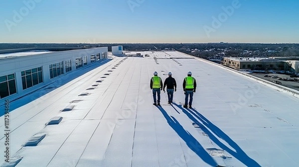 Fototapeta Three Workers Inspecting A Snowy Flat Roof