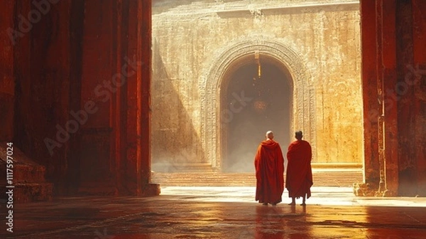 Fototapeta Mountain temple with monks in meditation, showcasing spiritual practice and devotion.