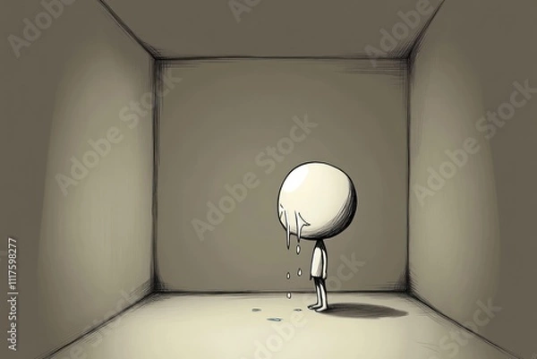 Fototapeta A solitary figure stands in a bare room, expressing sadness with tears.