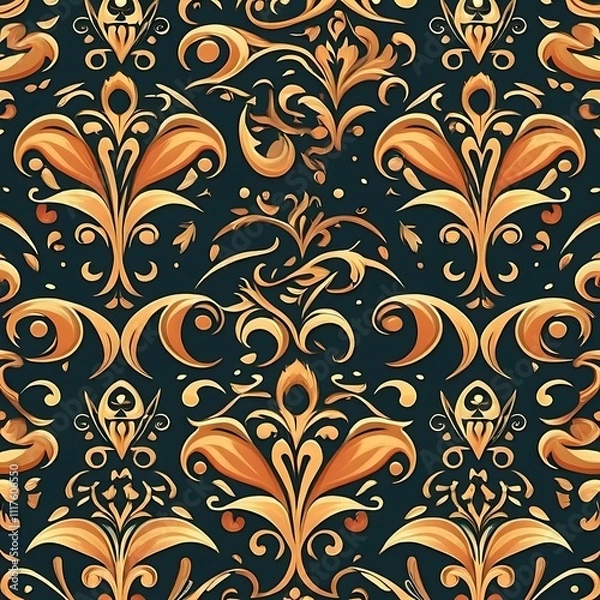 Fototapeta Golden Damask Pattern:  A seamless pattern of intricate golden damask motifs on a dark background, perfect for adding a touch of elegance and sophistication to your designs.  