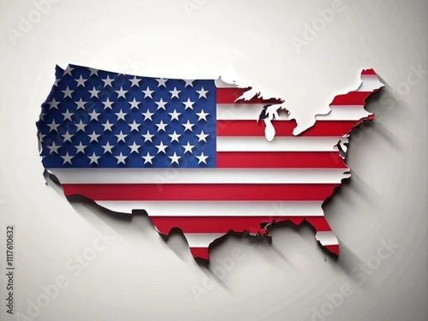Fototapeta 3D Map of the United States with an American Flag Pattern on a White Background for Creative Silhouette Photography Projects and Design Concepts