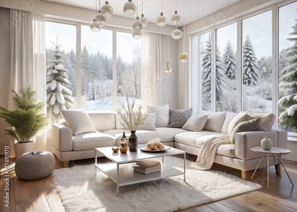 Fototapeta A Serene Winter Minimalist Living Room with White Furniture, Emphasizing Cozy Decor and Soft Textures, Perfect for Creating a Calming Indoor Atmosphere