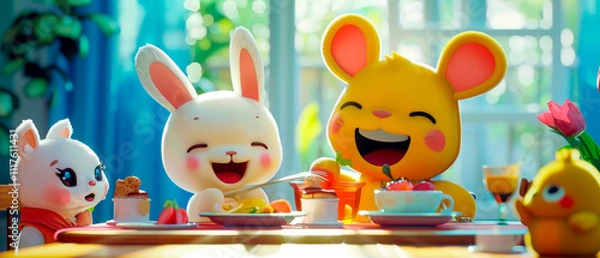 Fototapeta Cartoon scene of rabbit and mouse sitting at table with food