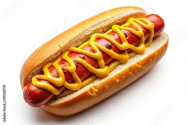 Fototapeta Aerial View of a Delicious Hot Dog Topped with Mustard and Ketchup, Perfect for Food Lovers and Culinary Enthusiasts Seeking Tasty Snack Ideas in a Clean, Isolated Setting