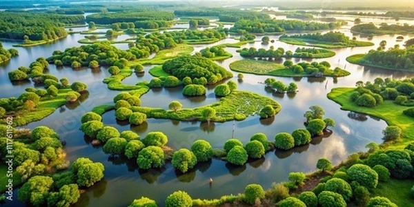 Fototapeta Aerial View of a Serene Swamp with Lush Green Vegetation and Small Islands, Perfect for Urban Exploration Photography and Nature Enthusiasts