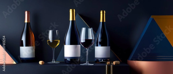 Fototapeta Wine bottle mock-ups, white labels, geometric design, soft lighting, elegant atmosphere