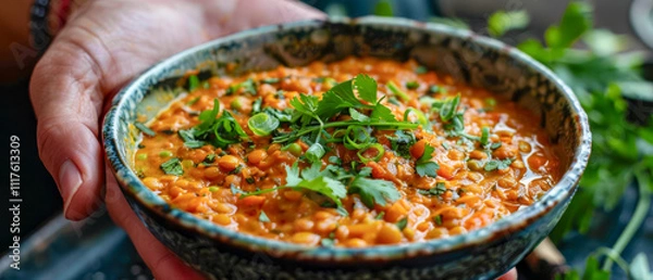 Obraz A person is holding rustic bowl of food with red lentil dahl and parsley