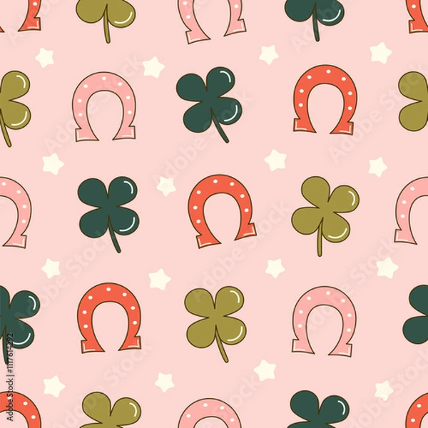 Fototapeta cute hand drawn green four leaf clover, stars and red and pink horseshoes seamless vector pattern background illustration