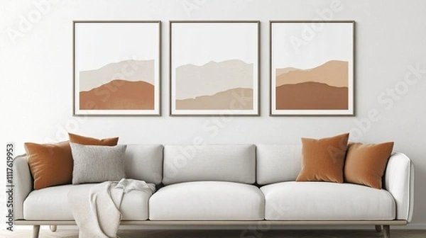Fototapeta Cozy and modern interior design of a sample room with stylish decor, sofa, and blank space, offering a warm and inviting lifestyle ambiance.