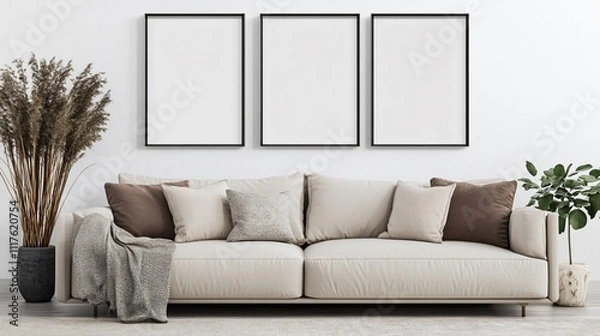 Fototapeta Cozy and modern interior design of a sample room with stylish decor, sofa, and blank space, offering a warm and inviting lifestyle ambiance.