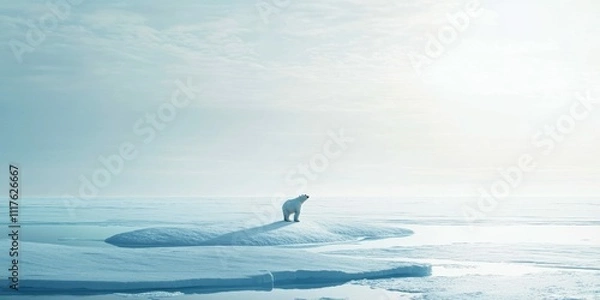 Fototapeta Polar Bear Standing on Melting Ice Floe in Vast Ocean