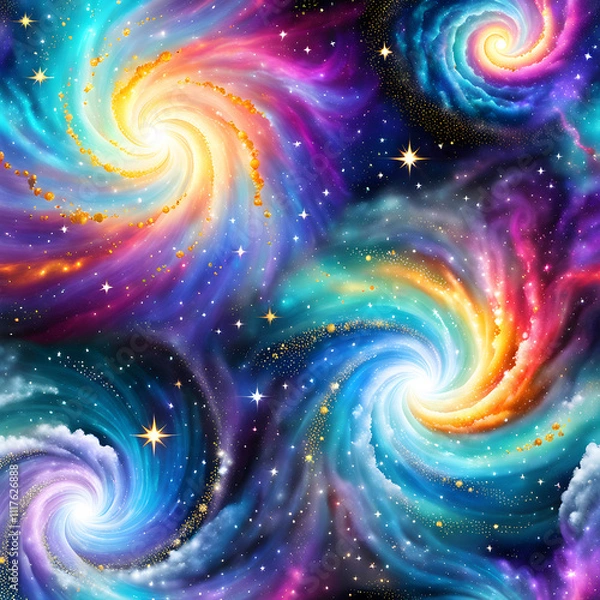 Fototapeta Vivid cosmic swirl with colorful light trails and golden stars on a dark background, abstract celestial-themed illustration