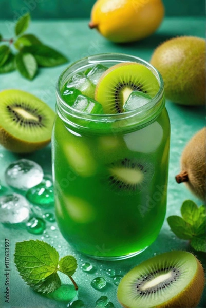 Fototapeta a jar of fresh strawberry juice with whole and sliced strawberries immersed in the drink. Ice cubes glisten on the surface,