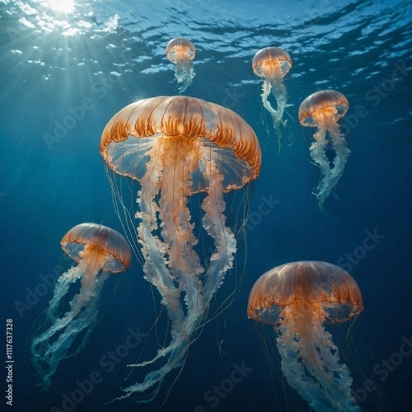 Fototapeta A luminescent jellyfish floating in a sky-like blue ocean.