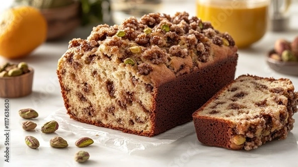 Fototapeta Loaf cake sits on a marble countertop, highlighting its textured crumb and pistachio topping