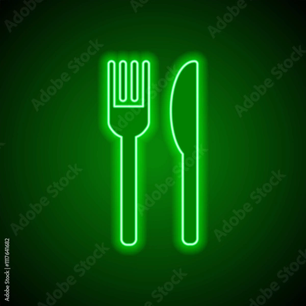 Fototapeta Restaurant, fork knife simple icon. Flat design. Green neon on black background with green light