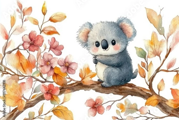 Fototapeta A cute koala sitting on a branch surrounded by colorful autumn leaves and flowers.