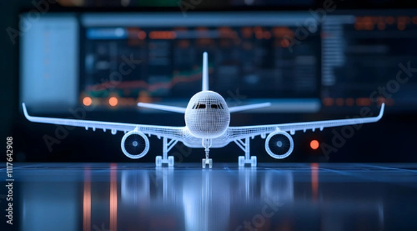 Fototapeta A detailed model airplane sits on a reflective surface, illuminated against a backdrop of digital screens displaying flight data.