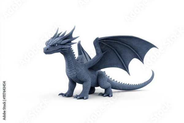Fototapeta A blue dragon figure stands majestically with wings spread, showcasing intricate details and a fierce expression.