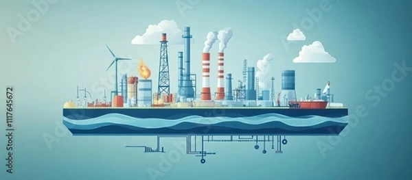 Fototapeta Illustration of an offshore oil rig with pipes and platforms extending down into the ocean.