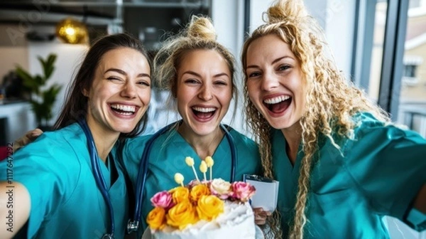 Fototapeta Joyful Group of Three Young Medical Professionals Celebrating with a Cake in a Bright and Cheerful Hospital Environment Featuring Colorful Flowers and Scrubs