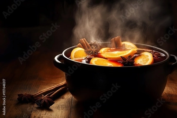Fototapeta A black pot filled with steaming hot mulled wine topped with slices of orange, star anise and cinnamon sticks