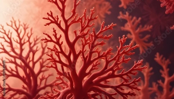 Fototapeta Red coral-like structures with glowing, intricate patterns against a blurred, reddish background