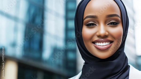 Obraz Ambitious Muslim woman wearing a hijab and corporate attire, confidently posed outside a modern office building, representing diversity, gender equality, and ethical leadership