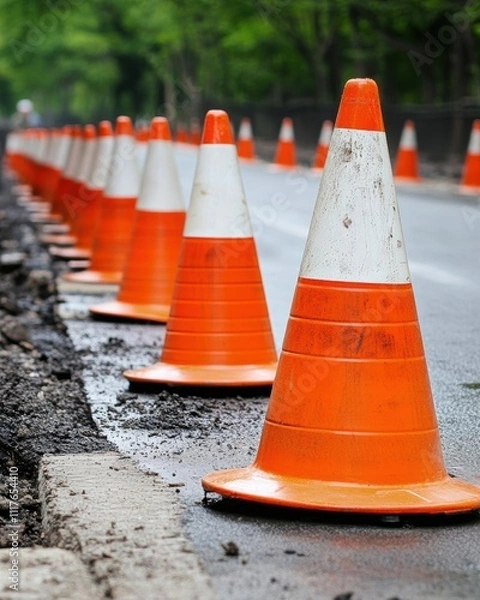 Fototapeta A row of orange traffic cones lining a road under construction.
