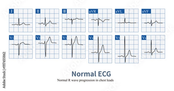 Fototapeta A normal electrocardiogram includes normal morphology, amplitude, and various measurements of duration and interval, normal electrical axis, and normal R wave progression.

