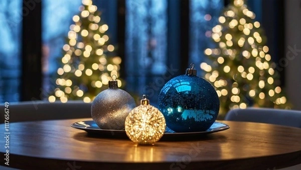 Fototapeta Minimalist wooden table with dreamy Christmas decorations and festive bokeh background