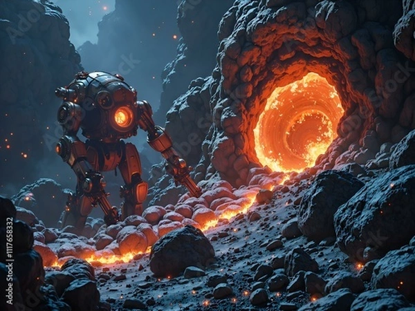 Fototapeta Exploring the fiery portal  a robot s journey through the lava caverns of an otherworldly realm, 3d render of futuristic landscape concept.