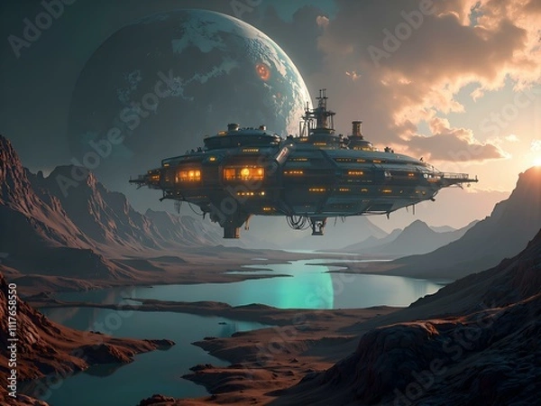 Fototapeta A majestic floating station above a tranquil alien landscape under a distant planetary sky, digital art of futuristic concept.