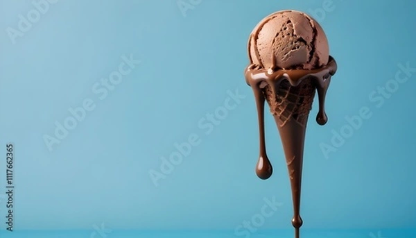 Fototapeta A small scoop of chocolate ice cream dripping down against a light blue background