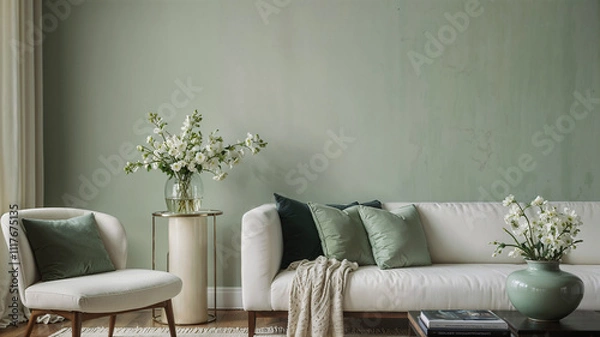 Obraz minimalist living room interior with a white, plush sofa adorned with several green throw pillows and a matching green throw blanket.