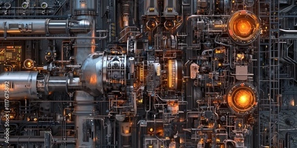 Obraz An abstract representation of industrial development, focusing on the connection between various machinery and the digital system that drives efficiency in production.