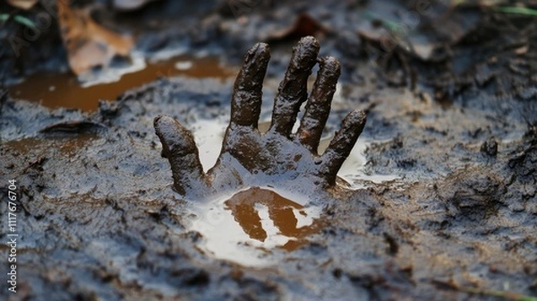 Fototapeta Mud-Covered Hand Reaching from Puddle.
