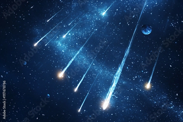 Fototapeta shooting stars illuminate the vast deep blue night sky with glowing trails and a breathtaking cosmic view of space and planets
