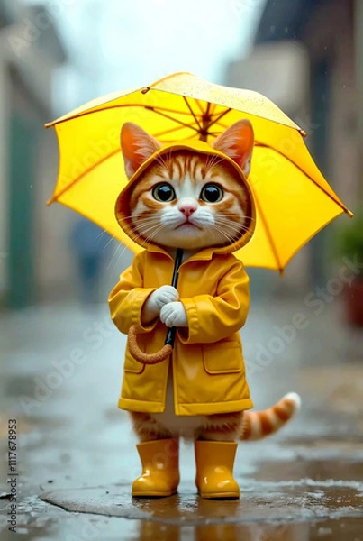 Obraz 雨の日に黄色の傘をさす子猫