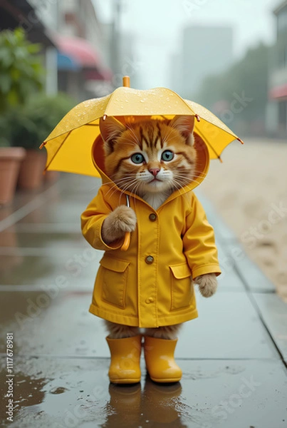 Obraz 雨の日に黄色の傘をさす子猫