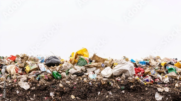 Fototapeta A large pile of assorted trash and plastic waste sits on dark ground against a plain white sky, highlighting environmental pollution.