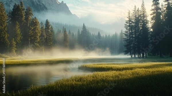Fototapeta A thin mist or cloud over a lake or forest adds a mystical feel to the morning.
