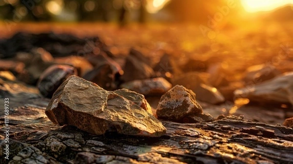 Fototapeta Close-up of ancient stone tools, sharp flint knives, and polished axes on a weathered wooden surface, symbolizing prehistoric craftsmanship and the dawn of human ingenuity