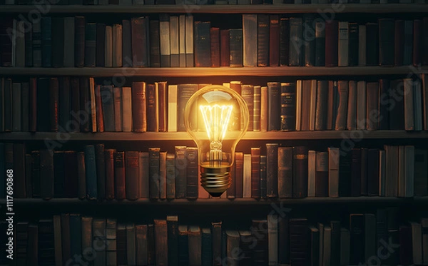 Obraz Knowledge in the Archives: An illuminated light bulb, the symbol of an idea, illuminates a darkened library with many books, each a vault of knowledge. 