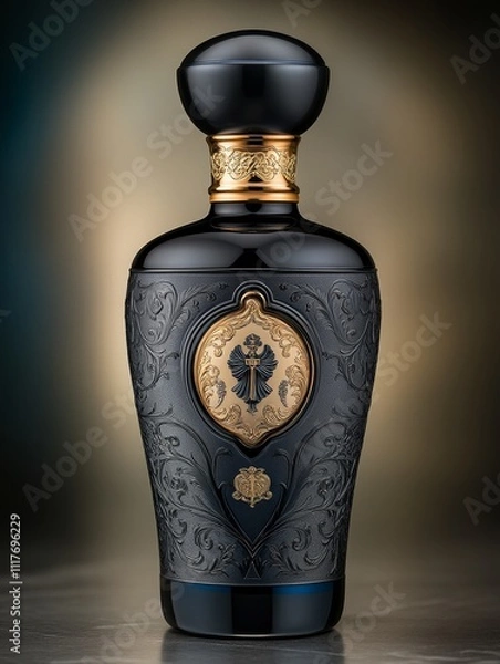 Fototapeta A luxurious black and gold perfume bottle with intricate detailing and elegant engraving, representing sophistication, opulence, and timeless fragrance design.