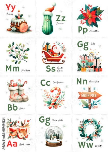 Fototapeta Twelve educational cards for preschool children, which depict letters and illustrations of Christmas, designed to teach kids the alphabet. Watercolor illustration in pastel colors.