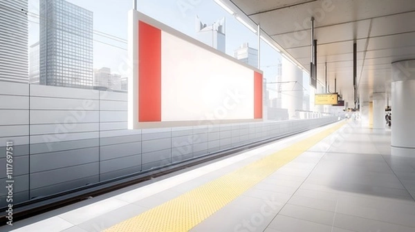 Fototapeta A sophisticated light rail station where a captivating advertisement banner stretches across the platform, designed to entice commuters. The photo showcases the sleek lines and modern architecture of