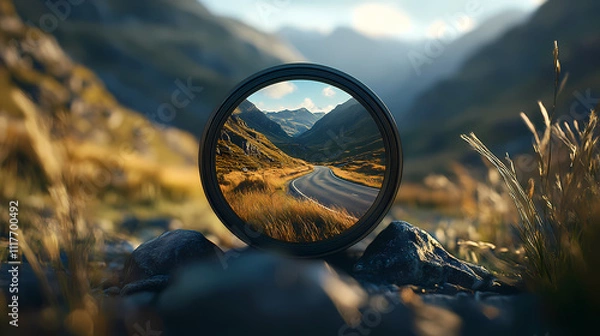 Obraz Framing the Journey: A landscape is artfully captured through a lens, highlighting the world's beauty and the act of seeing. Reflecting natural elements like mountains, roads.