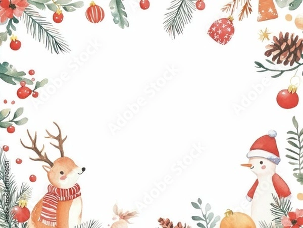 Fototapeta colorful, hand-painted Christmas illustrations border an A4 page with a white background, creating a fun, festive frame for classroom projects, designed with kids in mind.